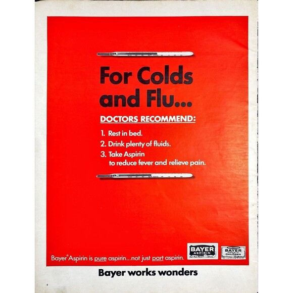 Bayer Aspiran "For Colds and Flu: reduce fever and pain" Vintage Print Ad 1966 - Picture 1 of 3